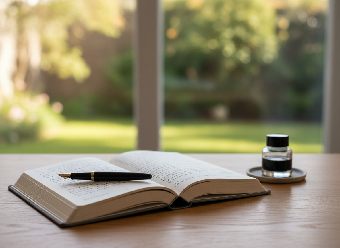 A hardcover journal with a linen-textured, charcoal-gray cover lies open on a natural oak desk, its cream pages filled halfway with neat, flowing handwriting and a few underlined phrases. A matte black fountain pen rests diagonally across the margin, a tiny ink bottle nearby. Outside a large window, blurred greenery suggests a quiet garden. Soft morning sunlight spills in, creating gentle highlights on the page edges and subtle shadows in the pen’s grooves. Photographic realism, shot from a slightly elevated angle with a shallow depth of field, keeps the journal in crisp focus while the background dissolves into a warm, inviting bokeh, evoking calm reflection and the beginning of a meaningful story.