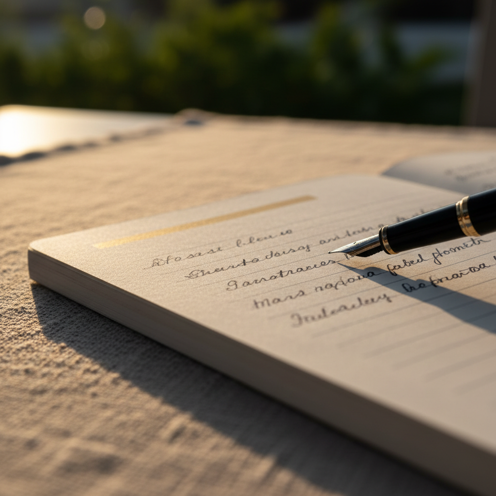 A close-up of a single page in a journal, its surface textured and slightly off-white, filled with handwritten sentences that gradually fade into soft blur toward the bottom. At the top of the page, an empty line waits, illuminated by a narrow beam of golden hour sunlight coming in from the left, creating a luminous band across the paper and pronounced shadow from the pen’s tip. The journal rests on a woven linen table runner, with a blurred hint of green leaves in the background. Photographic realism, shot from a low, side angle with extreme shallow depth of field, capturing the quiet tension between what has been written and what is yet to come.