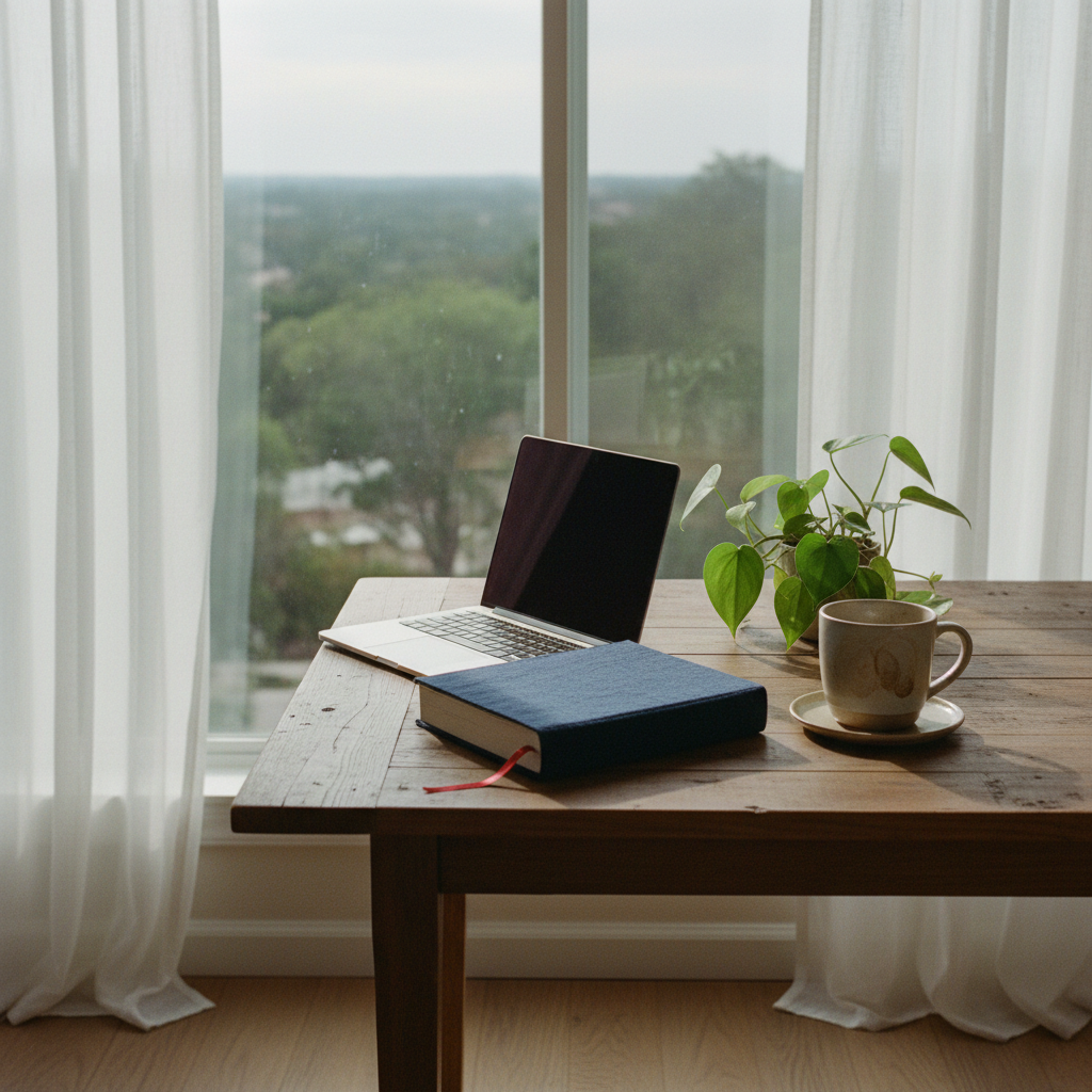 A simple writing corner in a cozy home, centered on a reclaimed wood table pushed against a tall window that frames distant treetops and an overcast sky. On the table rests a slim, silver laptop beside a thick, cloth-bound notebook, its ribbon marker peeking out between pages. A stoneware mug with faint tea rings on the saucer and a small, leafy houseplant complete the scene. Gentle, diffused afternoon light filters through sheer curtains, casting soft, elongated shadows. Photographic realism, eye-level composition with rule-of-thirds framing, creates a contemplative, sophisticated atmosphere that suggests a writer pausing between paragraphs to consider their life’s next chapter.
