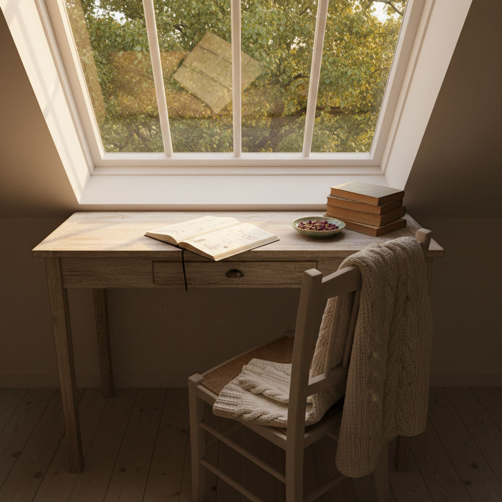 A serene bedroom writing nook, featuring a narrow wooden desk tucked beneath a dormer window that looks out onto a canopy of late-summer trees. On the desk, an open journal, a stack of well-worn paperback books with folded corners, and a small ceramic dish holding dried flower petals create layers of texture. A knitted throw is draped over the back of a simple wooden chair. Soft, golden late-afternoon light pours through the window, creating warm pools of illumination on the desk and gentle shadows along the floorboards. Photographic realism, wide-angle shot with balanced composition, evokes quiet resilience, introspection, and the slow, deliberate work of shaping one’s life through words.